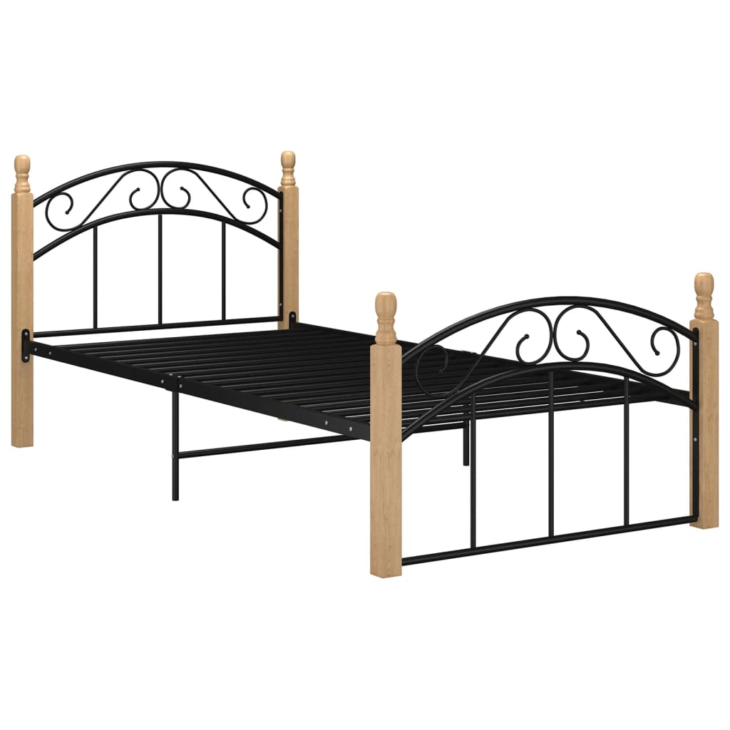 Cadru de pat, negru, 100x200 cm, metal și lemn masiv stejar - Lando