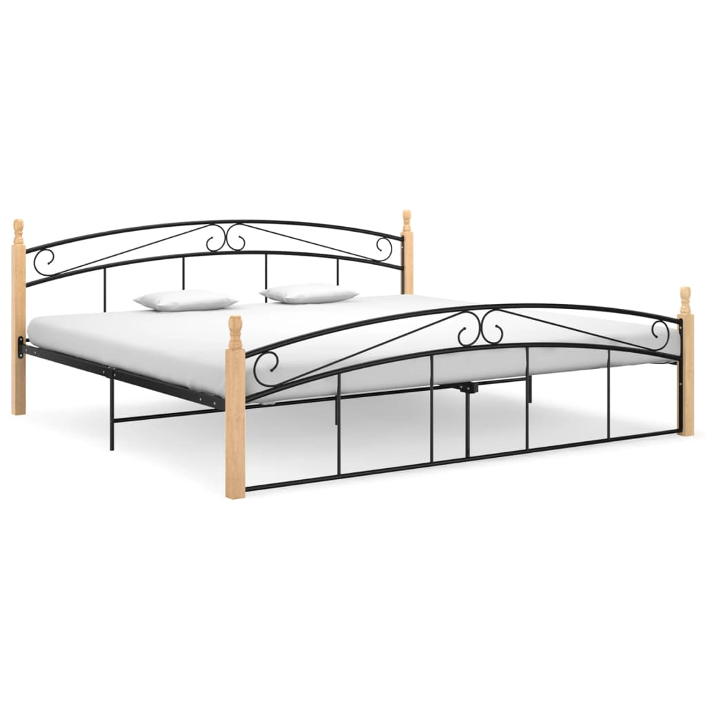 Cadru de pat, negru, 200x200 cm, metal și lemn masiv de stejar - Lando