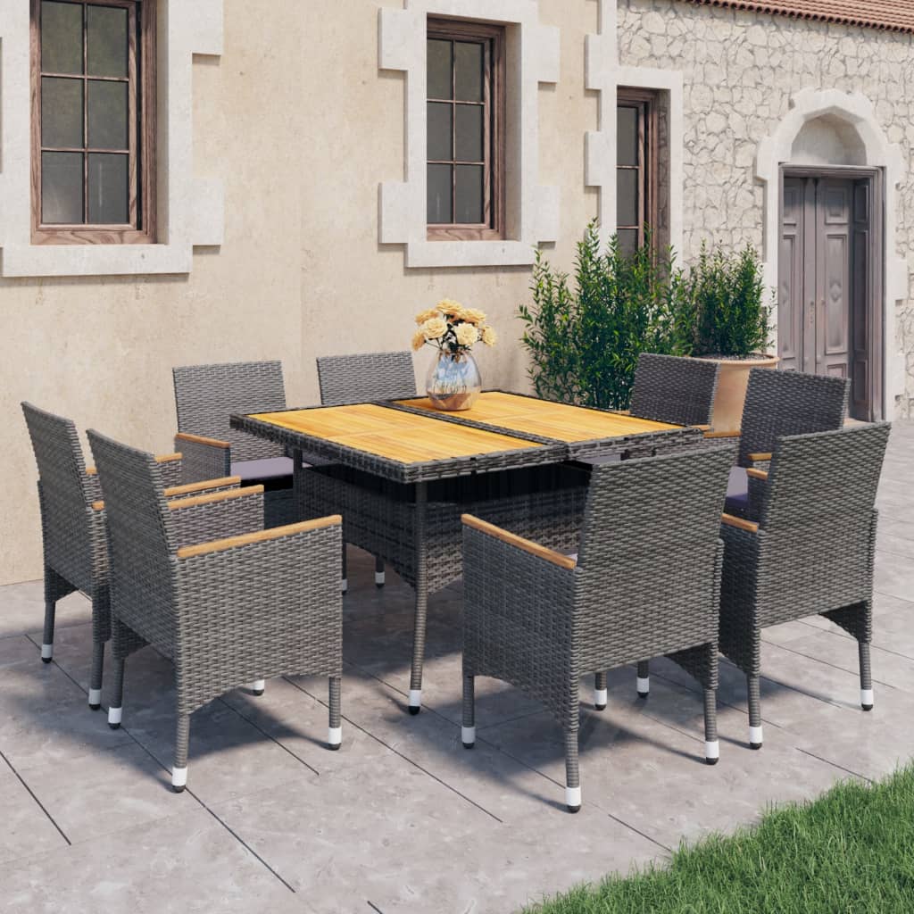 Set mobilier grădină, 9 piese, gri, poliratan, lemn acacia - Lando