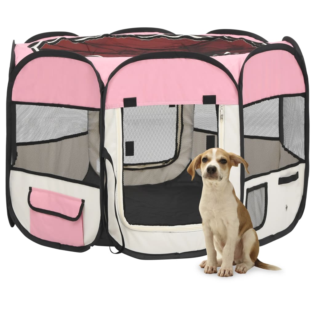 Țarc joacă pliabil câini cu sac de transport roz 90x90x58 cm Lando - Lando