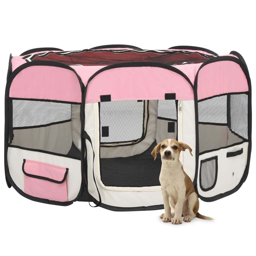 Țarc joacă pliabil câini cu sac de transport roz 110x110x58 cm Lando - Lando