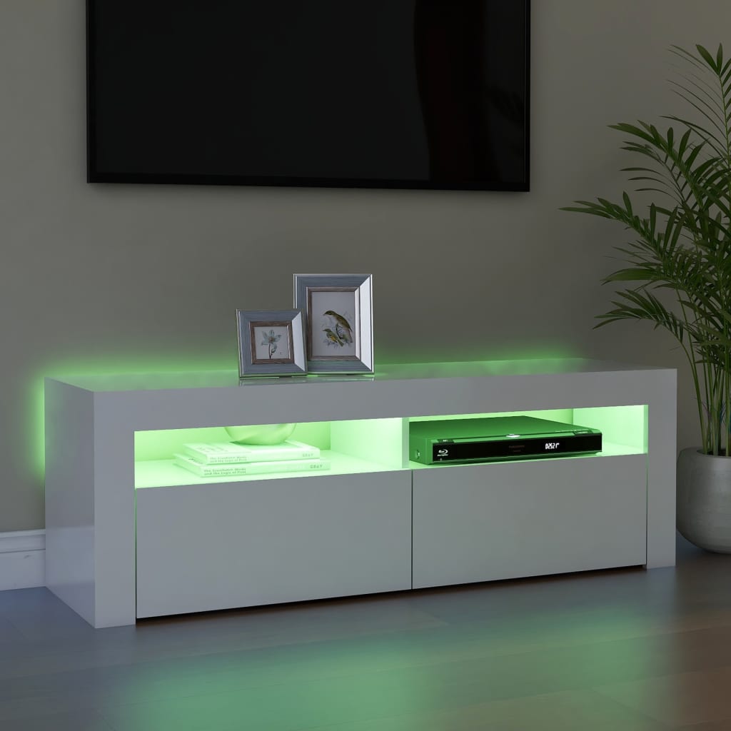 Comodă TV cu lumini LED, alb extralucios, 120x35x40 cm - Lando