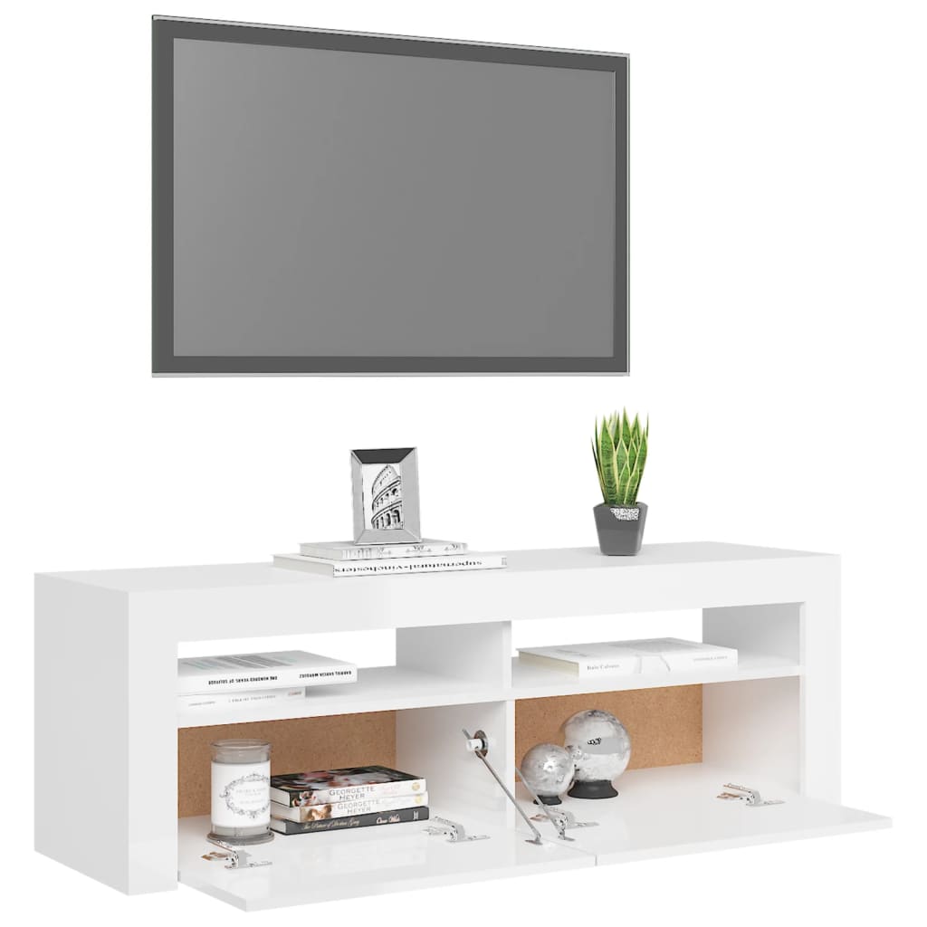 Comodă TV cu lumini LED, alb extralucios, 120x35x40 cm - Lando