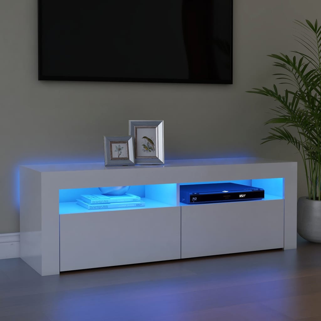 Comodă TV cu lumini LED, alb extralucios, 120x35x40 cm - Lando