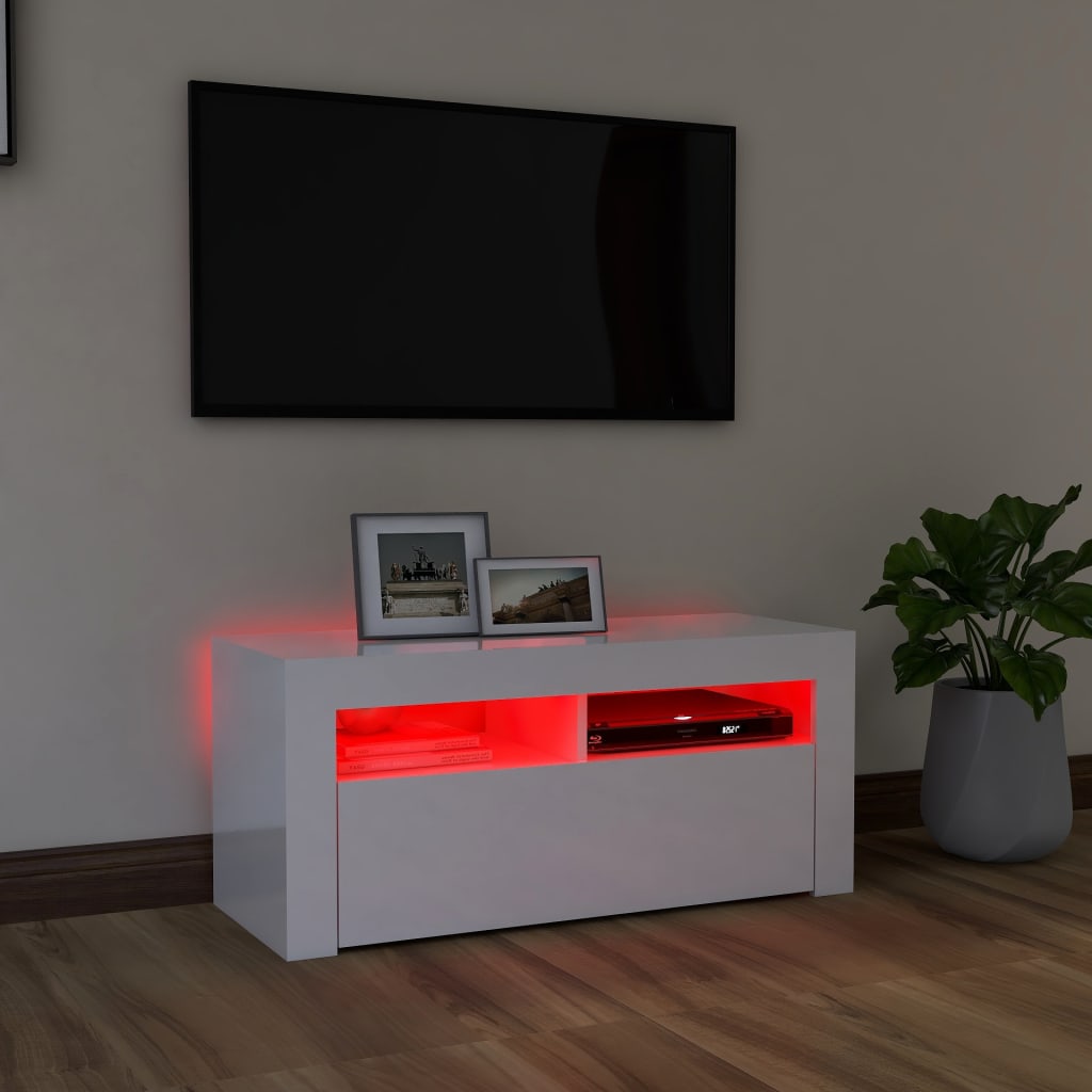 Comodă TV cu lumini LED, alb extralucios, 90x35x40 cm Lando - Lando