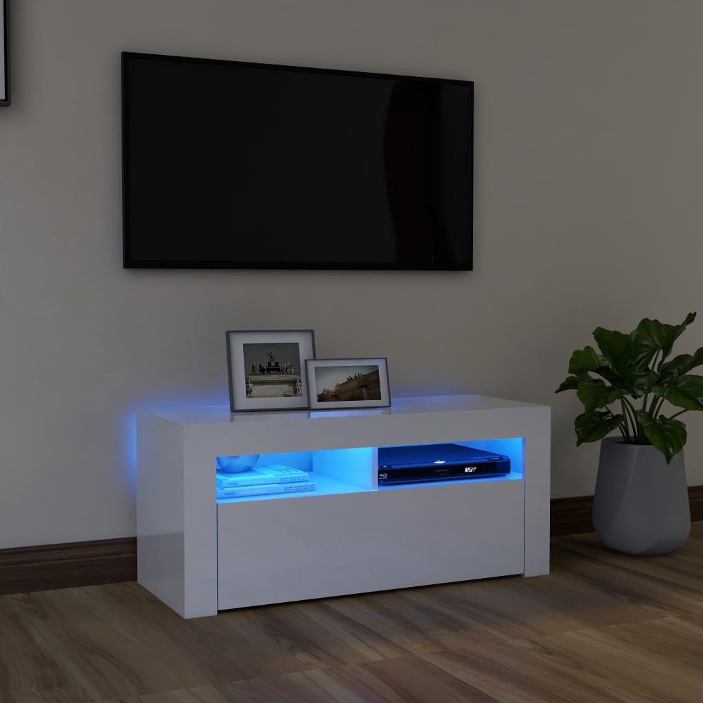 Comodă TV cu lumini LED, alb extralucios, 90x35x40 cm Lando - Lando