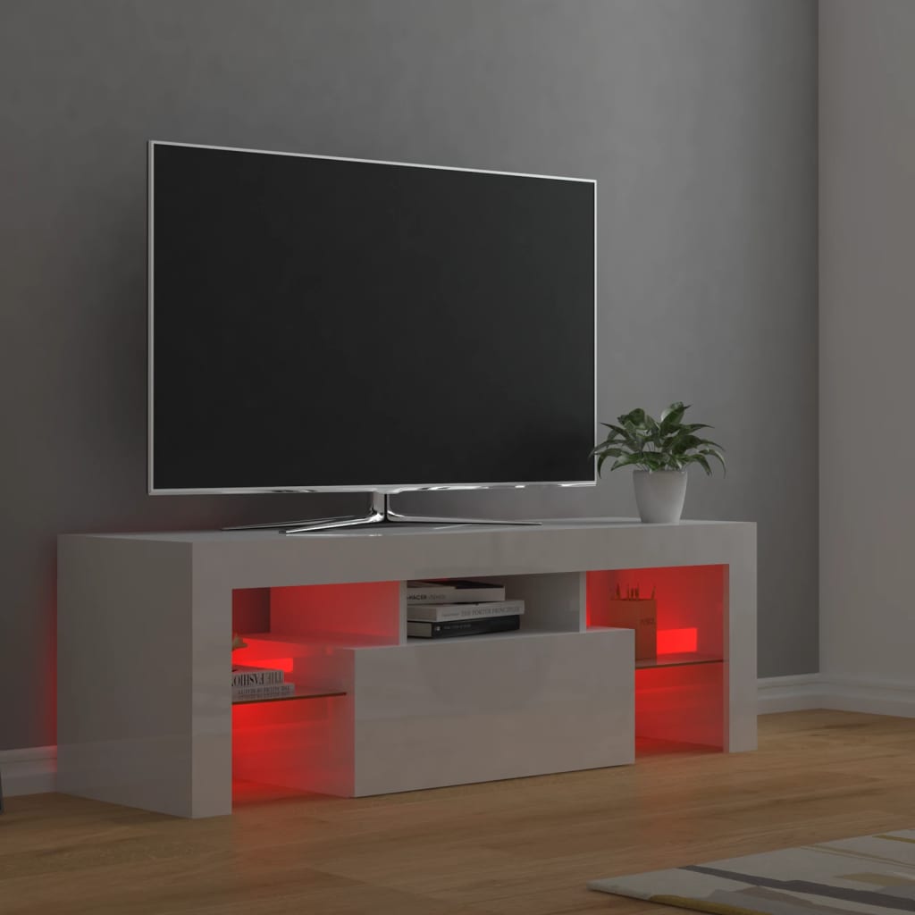 Comodă TV cu lumini LED, alb extralucios, 120x35x40 cm Lando - Lando