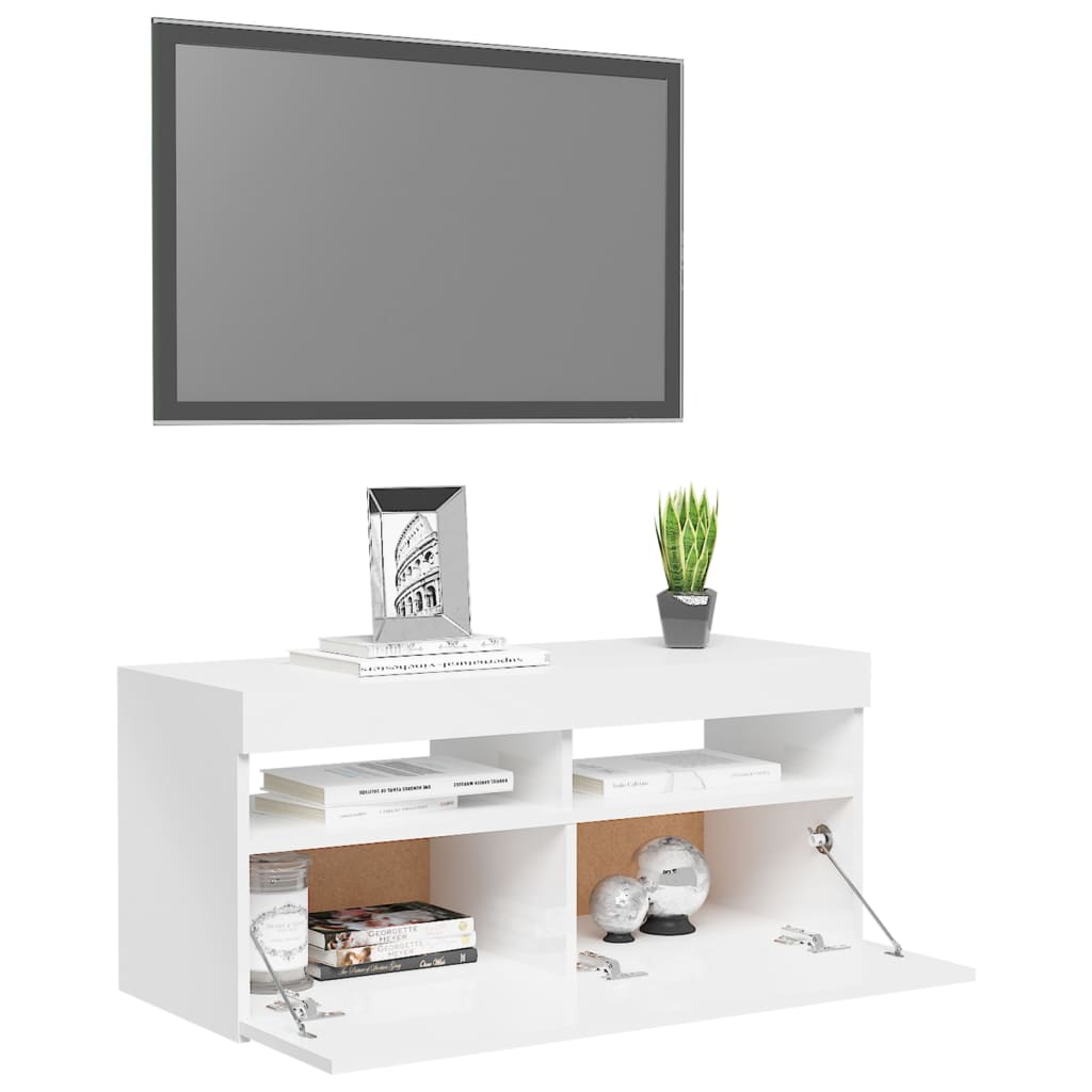 Comodă TV cu lumini LED, alb extralucios, 90x35x40 cm Lando - Lando