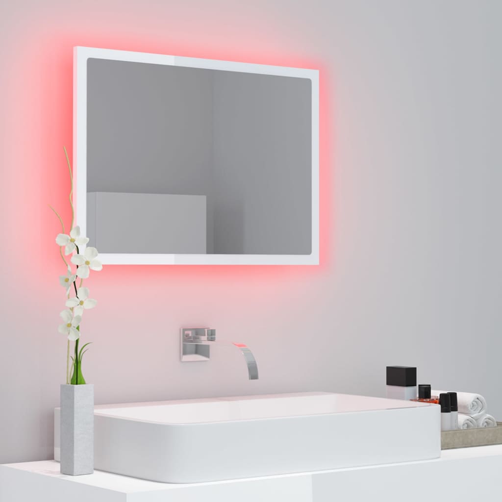 Oglindă de baie cu LED, alb extralucios, 60x8,5x37 cm, acril Lando - Lando