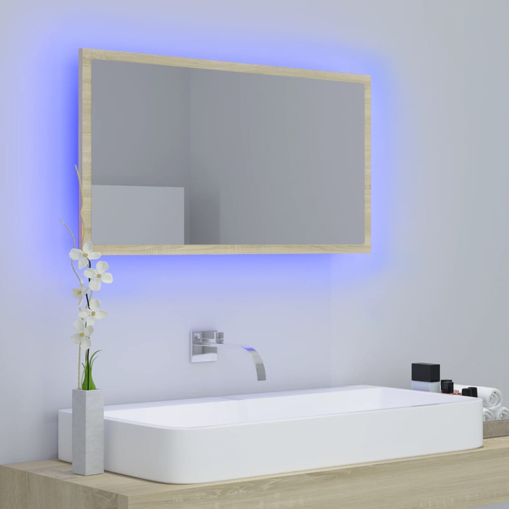 Oglindă de baie cu LED, stejar sonoma, 80x8,5x37 cm, acril Lando - Lando