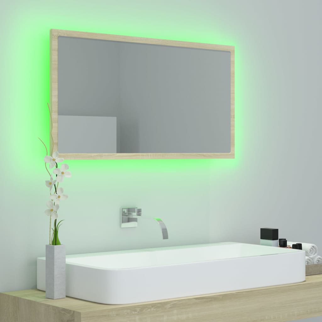 Oglindă de baie cu LED, stejar sonoma, 80x8,5x37 cm, acril Lando - Lando