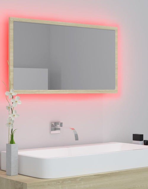 Загрузите изображение в средство просмотра галереи, Oglindă de baie cu LED, stejar sonoma, 80x8,5x37 cm, acril Lando - Lando
