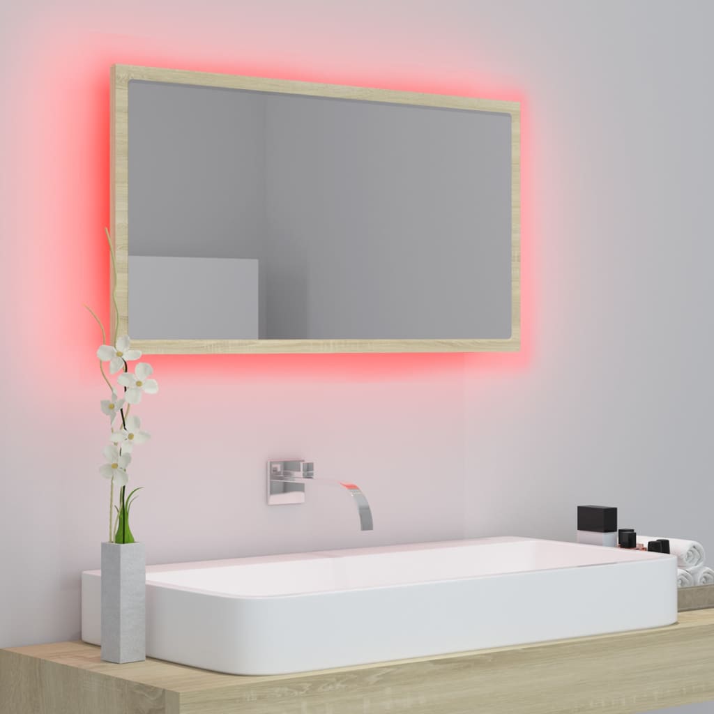 Oglindă de baie cu LED, stejar sonoma, 80x8,5x37 cm, acril Lando - Lando