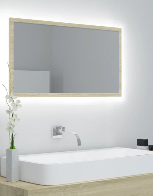 Загрузите изображение в средство просмотра галереи, Oglindă de baie cu LED, stejar sonoma, 80x8,5x37 cm, acril Lando - Lando
