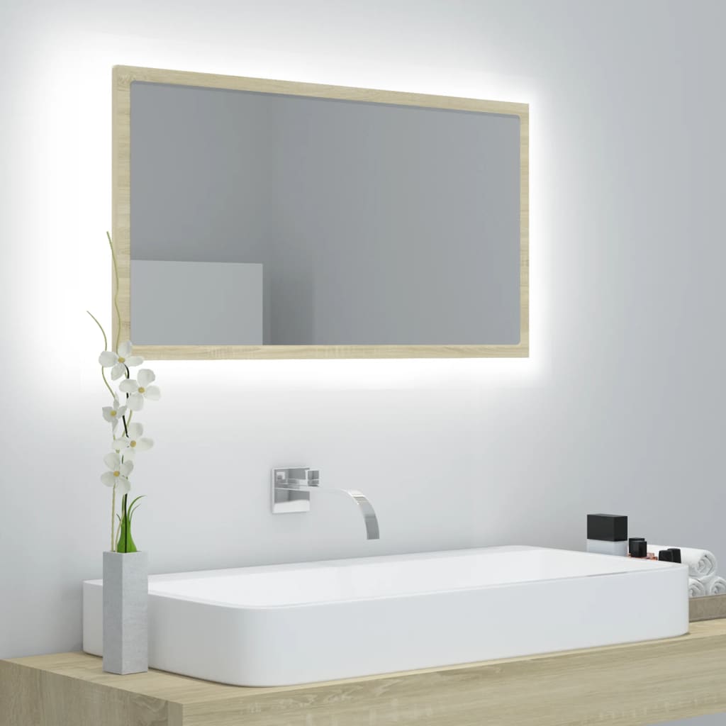 Oglindă de baie cu LED, stejar sonoma, 80x8,5x37 cm, acril Lando - Lando