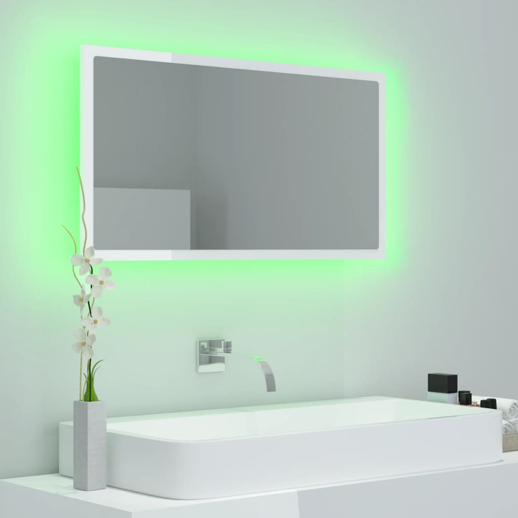 Oglindă de baie cu LED, alb extralucios, 80x8,5x37 cm, acril Lando - Lando