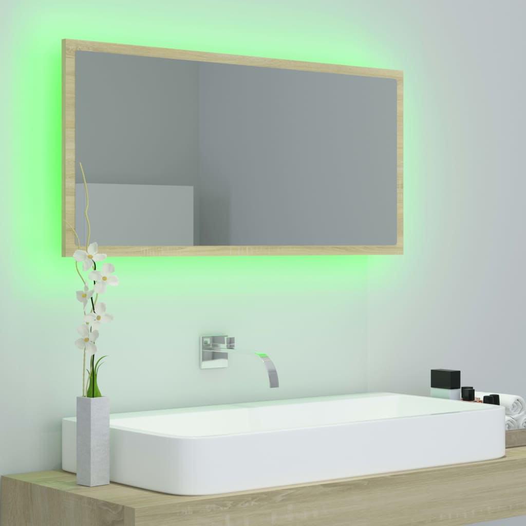 Oglindă de baie cu LED, stejar sonoma, 90x8,5x37 cm, acril Lando - Lando