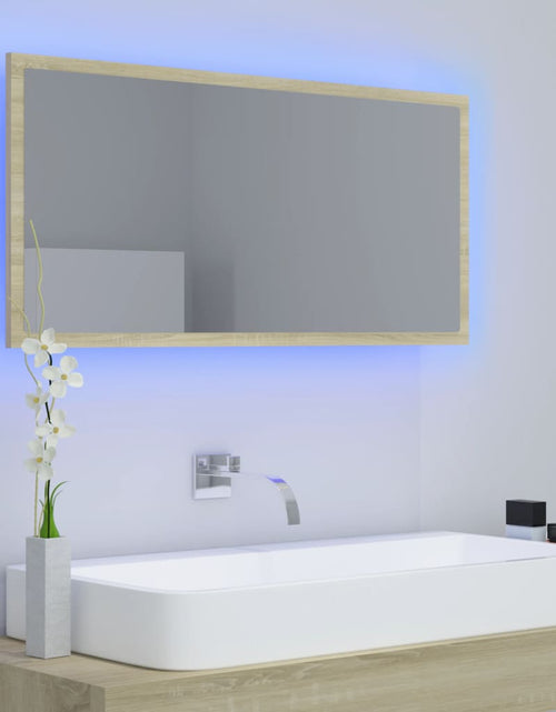 Încărcați imaginea în vizualizatorul Galerie, Oglindă de baie cu LED, stejar sonoma, 90x8,5x37 cm, acril Lando - Lando
