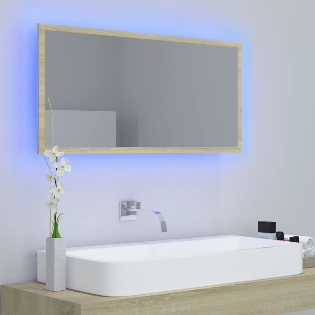 Oglindă de baie cu LED, stejar sonoma, 90x8,5x37 cm, acril Lando - Lando