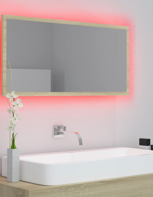 Încărcați imaginea în vizualizatorul Galerie, Oglindă de baie cu LED, stejar sonoma, 90x8,5x37 cm, acril Lando - Lando
