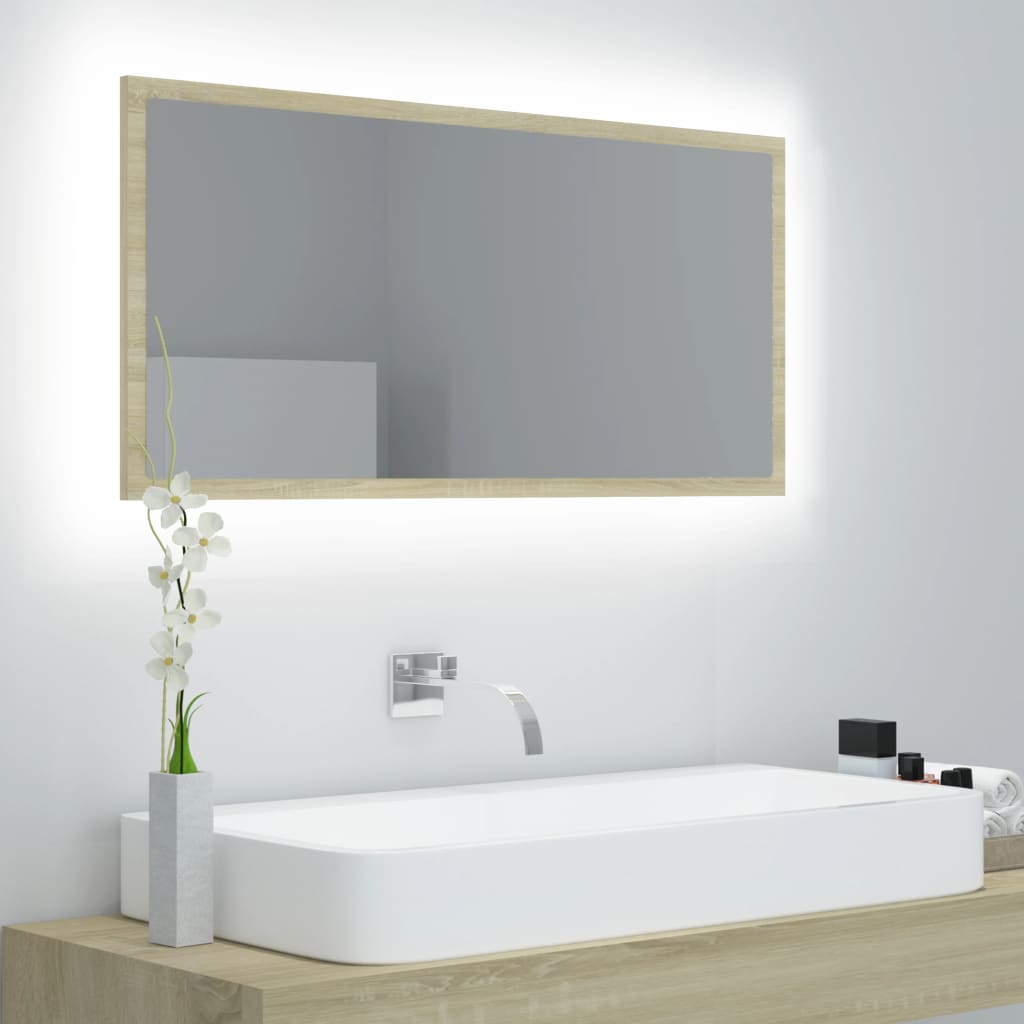 Oglindă de baie cu LED, stejar sonoma, 90x8,5x37 cm, acril Lando - Lando