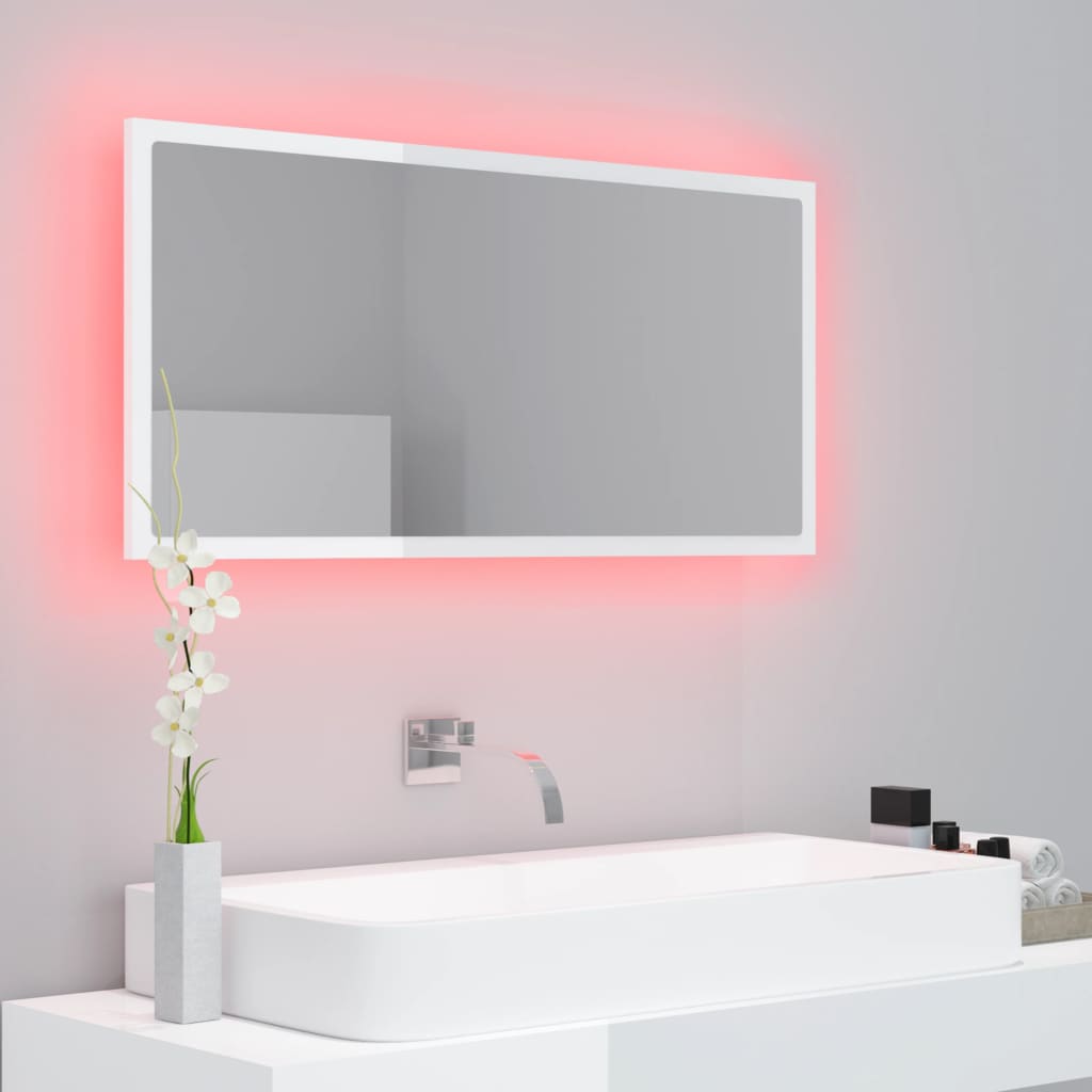 Oglindă de baie cu LED, alb extralucios, 90x8,5x37 cm, acril Lando - Lando
