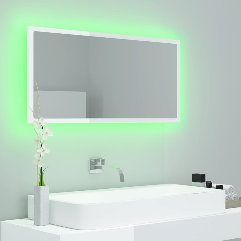 Oglindă de baie cu LED, alb extralucios, 90x8,5x37 cm, acril Lando - Lando