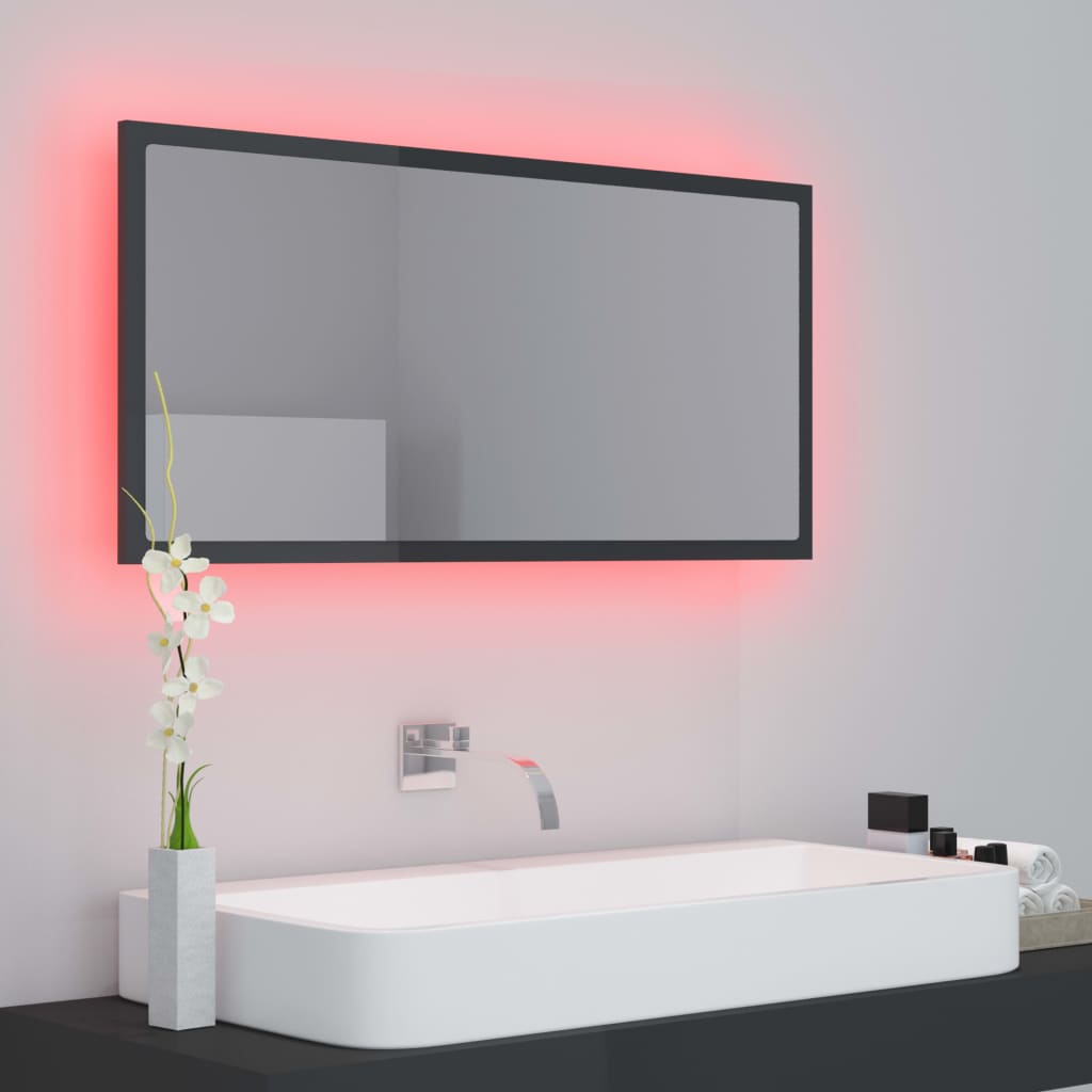Oglindă de baie cu LED, gri extralucios, 90x8,5x37 cm, acril Lando - Lando