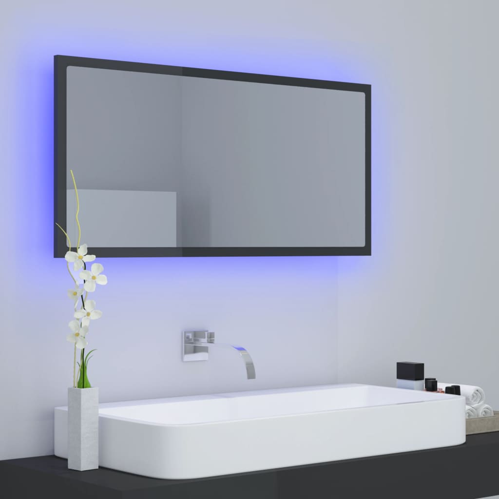 Oglindă de baie cu LED, gri extralucios, 90x8,5x37 cm, acril Lando - Lando