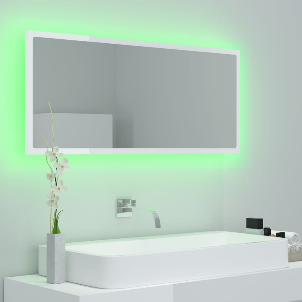 Oglindă de baie cu LED, alb extralucios, 100x8,5x37 cm, acril Lando - Lando