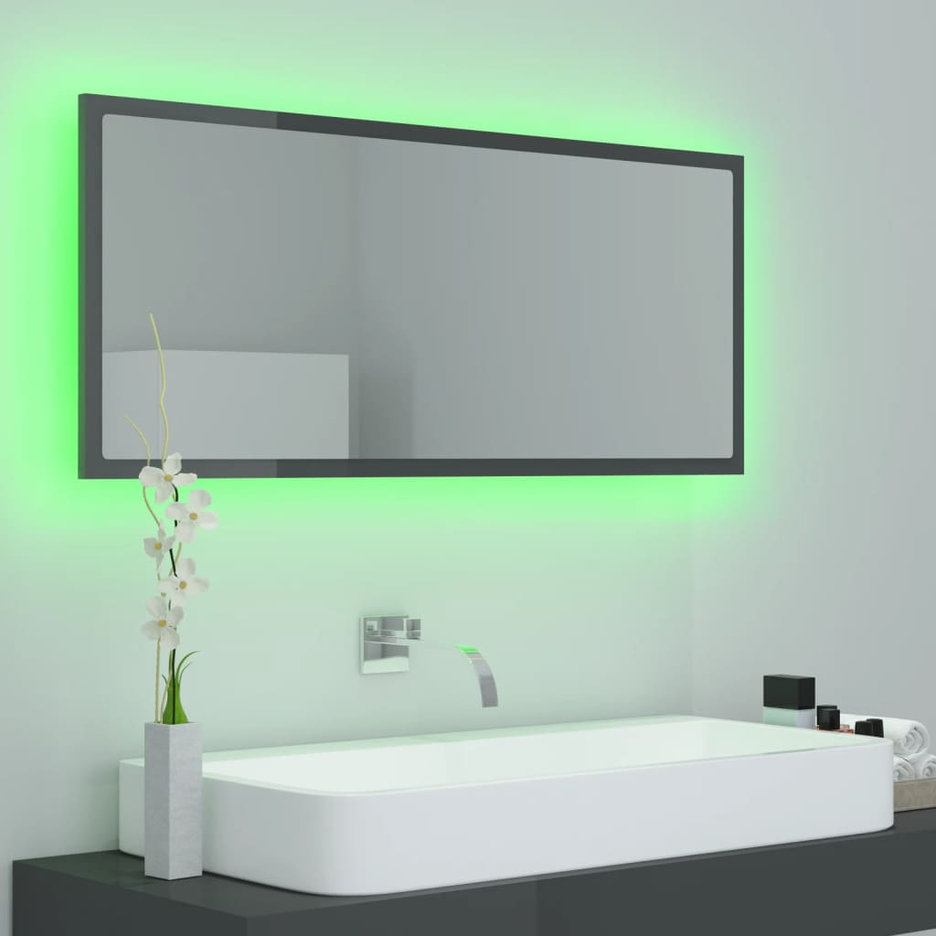 Oglindă de baie cu LED, gri extralucios, 100x8,5x37 cm, acril Lando - Lando