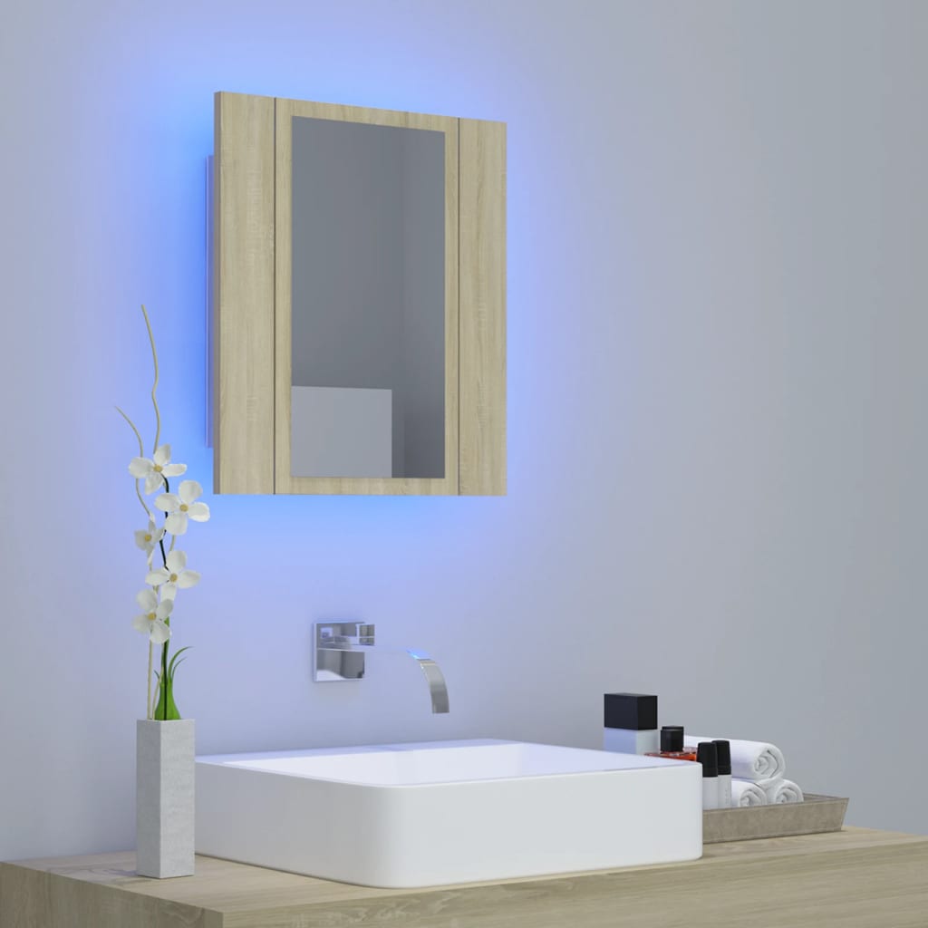 Dulap de baie cu oglindă și LED, stejar Sonoma, 40x12x45 acril - Lando