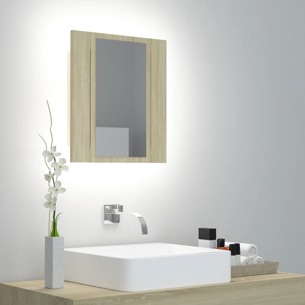 Dulap de baie cu oglindă și LED, stejar Sonoma, 40x12x45 acril - Lando