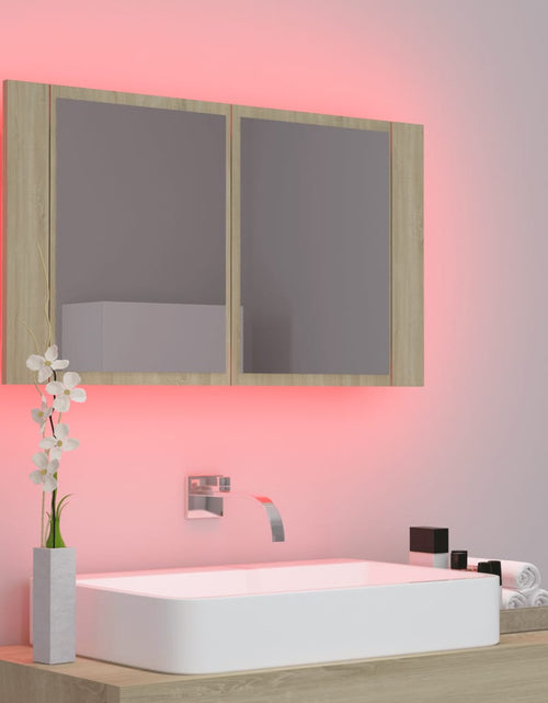 Загрузите изображение в средство просмотра галереи, Dulap de baie cu oglindă și LED, stejar Sonoma, 80x12x45 acril Lando - Lando
