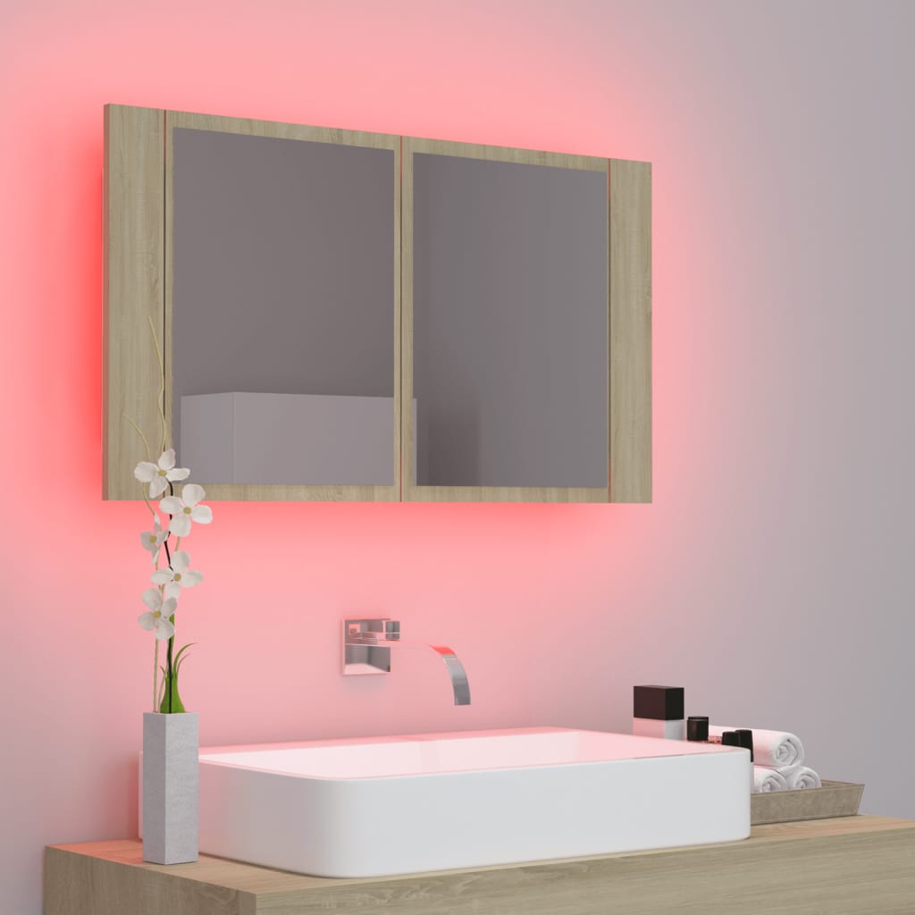 Dulap de baie cu oglindă și LED, stejar Sonoma, 80x12x45 acril Lando - Lando