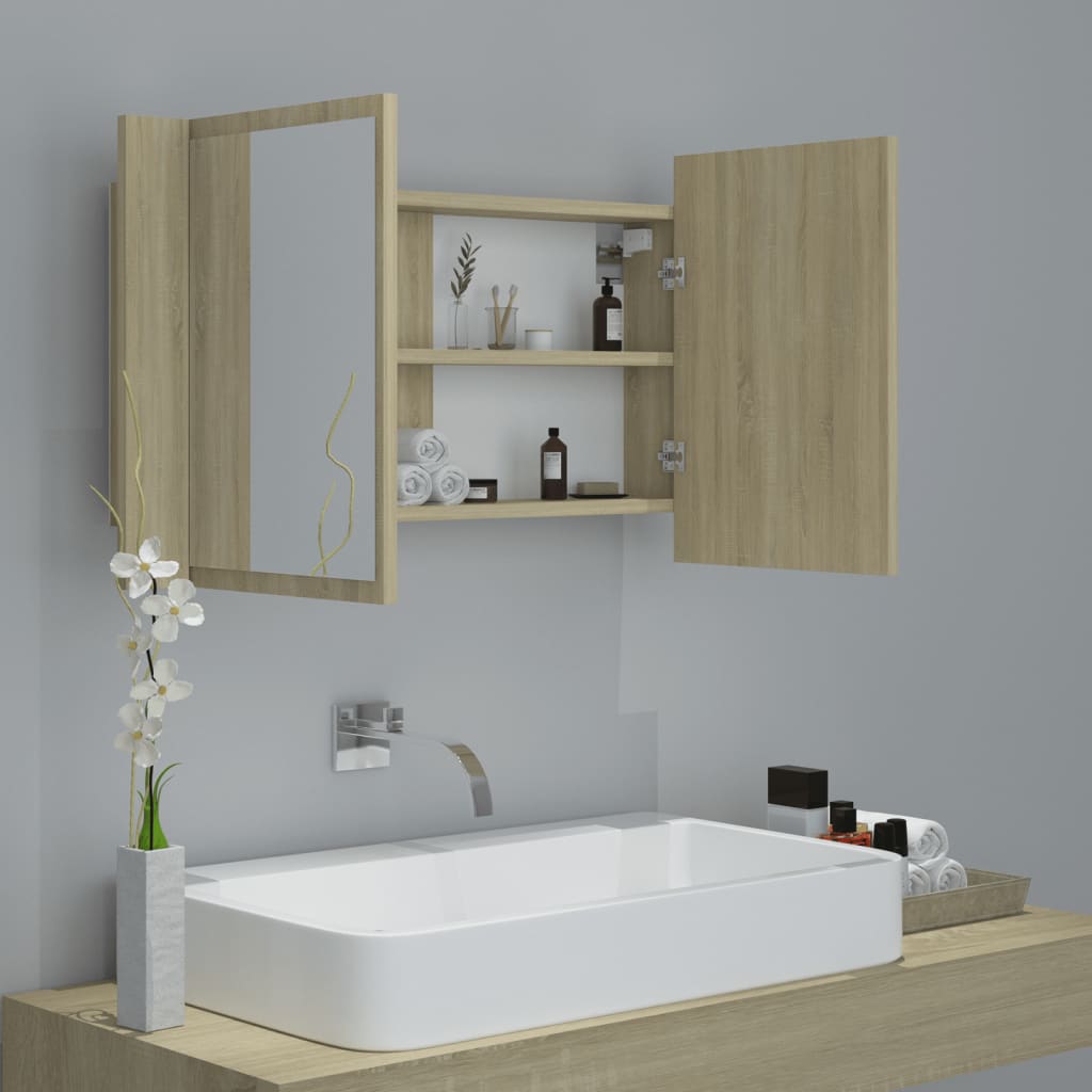 Dulap de baie cu oglindă și LED, stejar Sonoma, 80x12x45 acril Lando - Lando