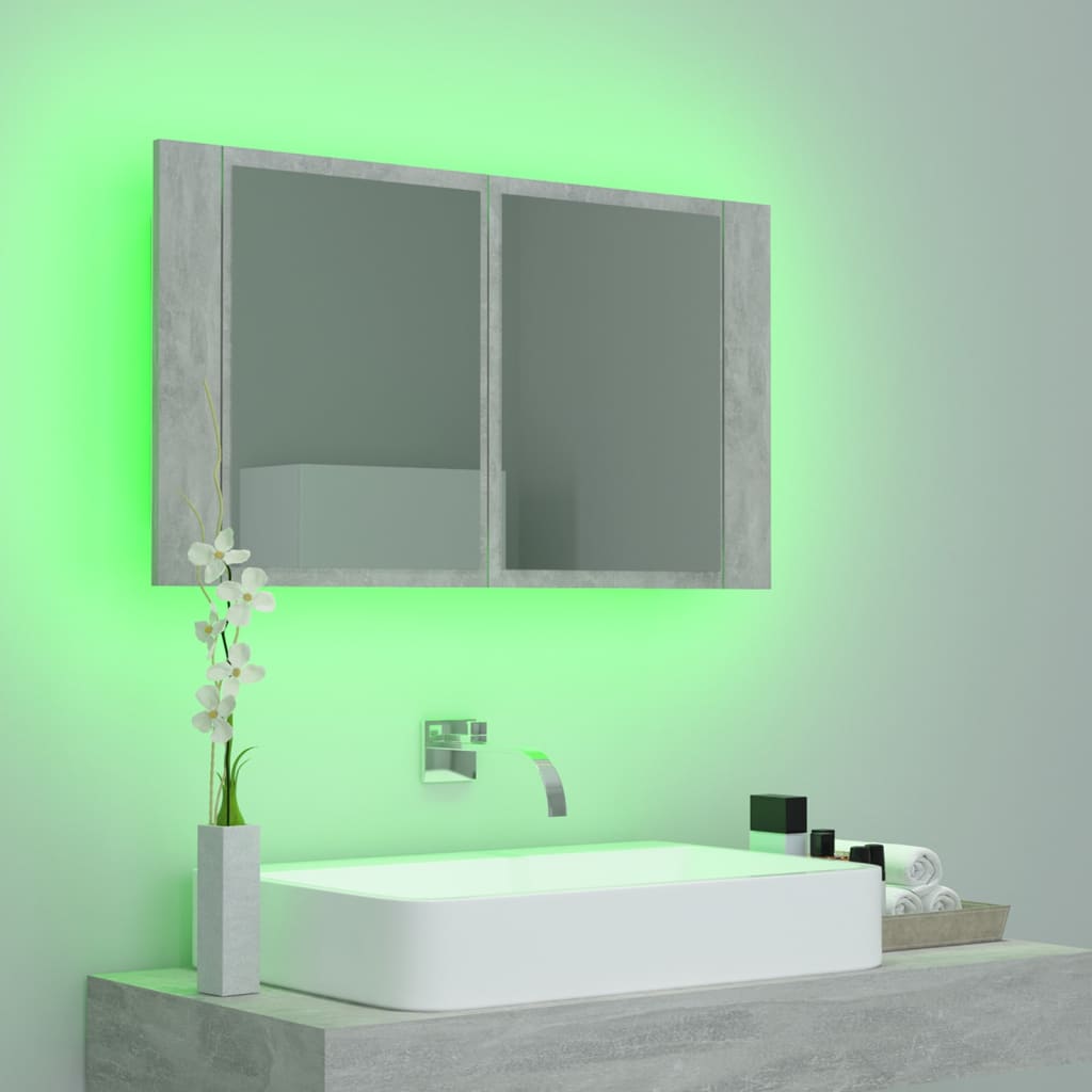 Dulap de baie cu oglindă & LED, gri beton, 80x12x45 cm acril - Lando
