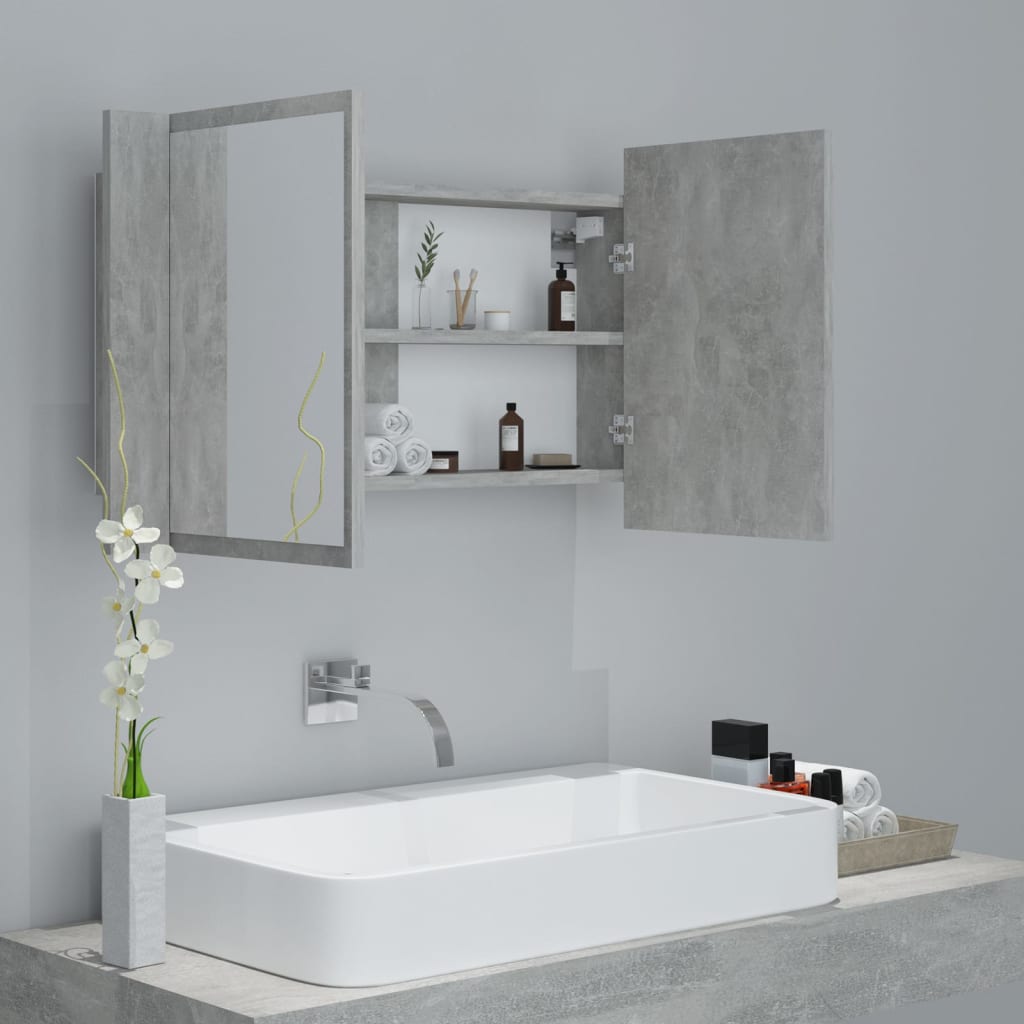 Dulap de baie cu oglindă & LED, gri beton, 80x12x45 cm acril - Lando