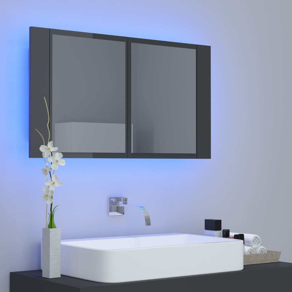 Dulap de baie cu oglindă și LED, gri extralucios 80x12x45 acril Lando - Lando