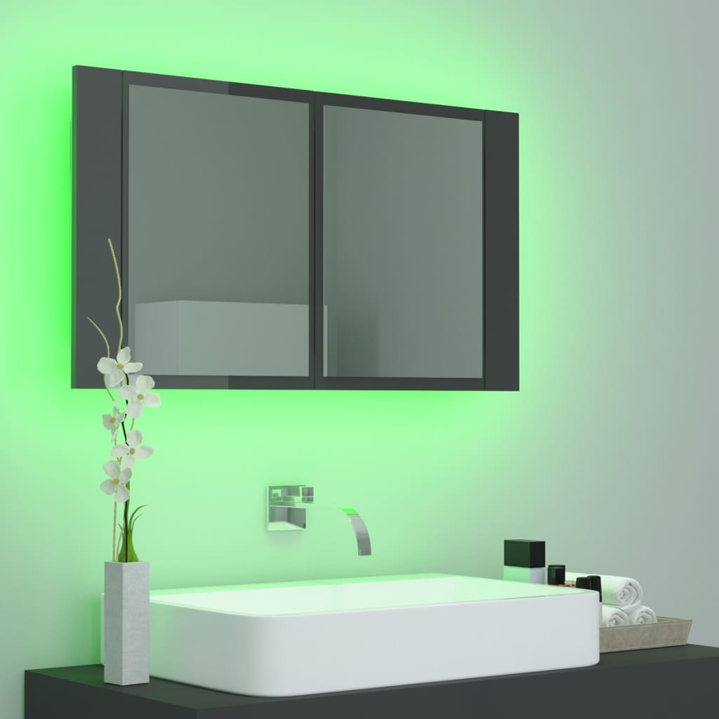 Dulap de baie cu oglindă și LED, gri extralucios 80x12x45 acril Lando - Lando