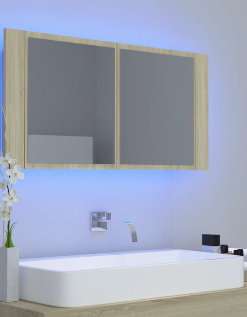 Încărcați imaginea în vizualizatorul Galerie, Dulap de baie cu oglindă și LED, stejar Sonoma, 90x12x45 acril - Lando
