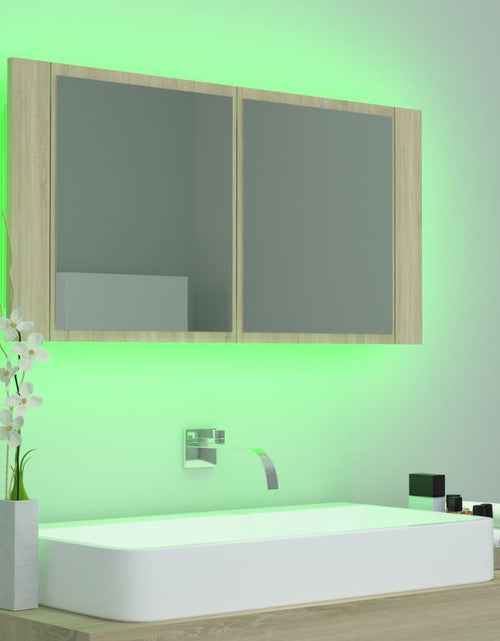 Încărcați imaginea în vizualizatorul Galerie, Dulap de baie cu oglindă și LED, stejar Sonoma, 90x12x45 acril - Lando
