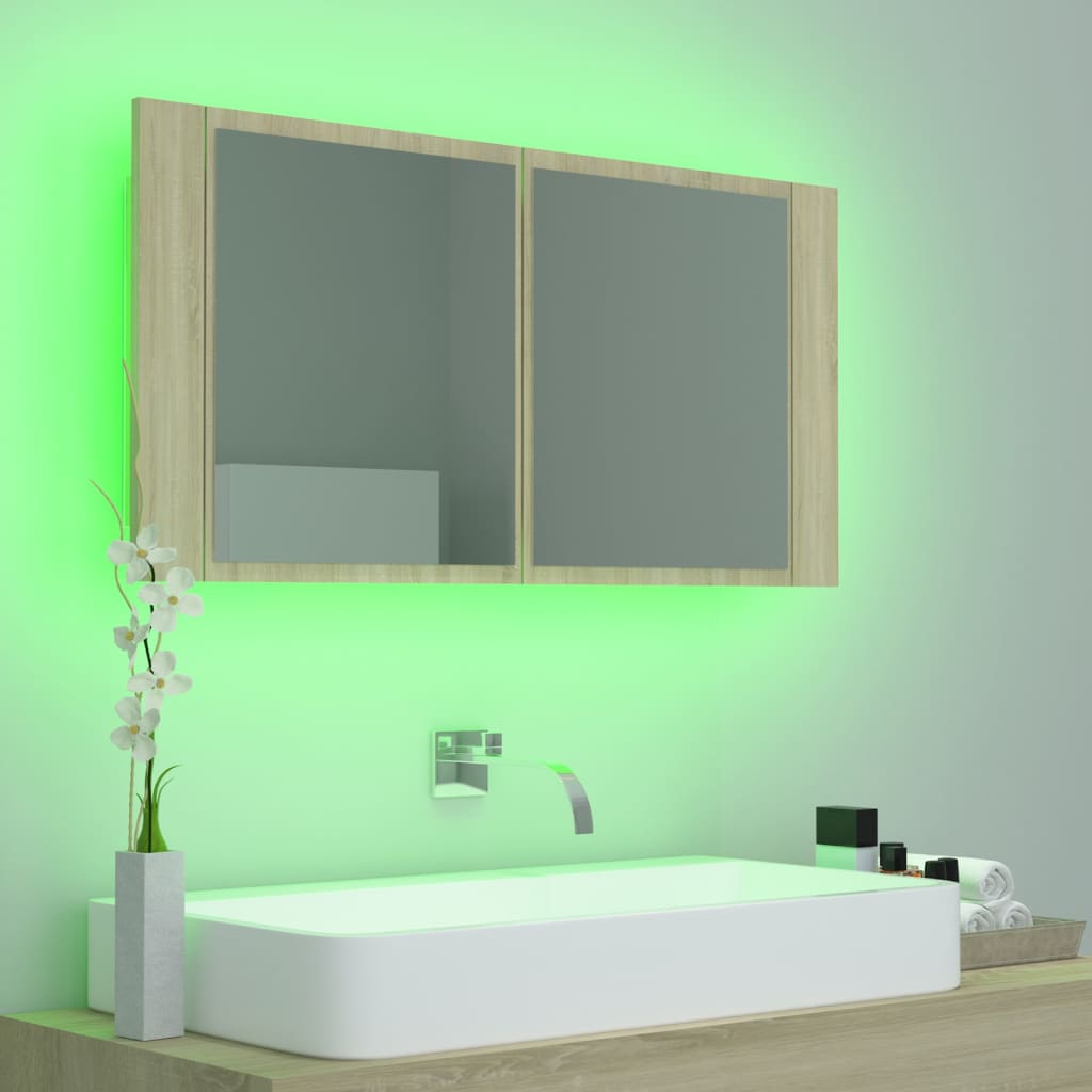 Dulap de baie cu oglindă și LED, stejar Sonoma, 90x12x45 acril - Lando