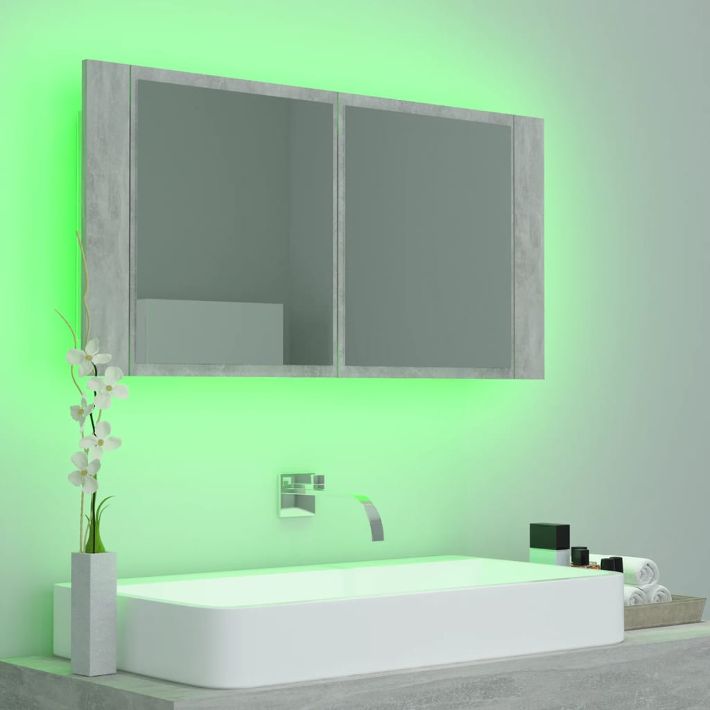 Dulap de baie cu oglindă & LED, gri beton, 90x12x45 cm acril Lando - Lando