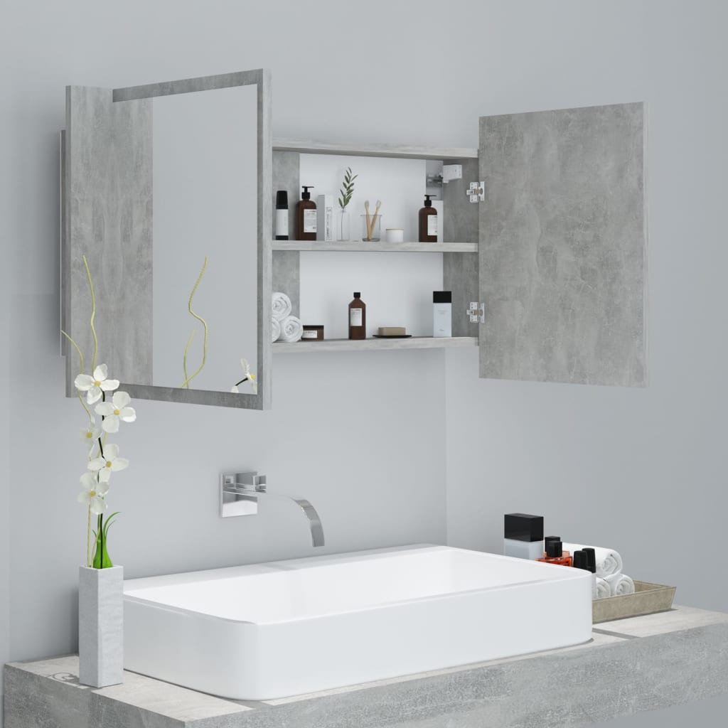 Dulap de baie cu oglindă & LED, gri beton, 90x12x45 cm acril Lando - Lando