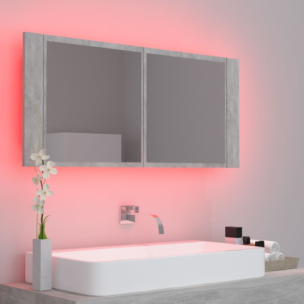 Dulap de baie cu oglindă & LED, gri beton, 100x12x45 cm acril - Lando