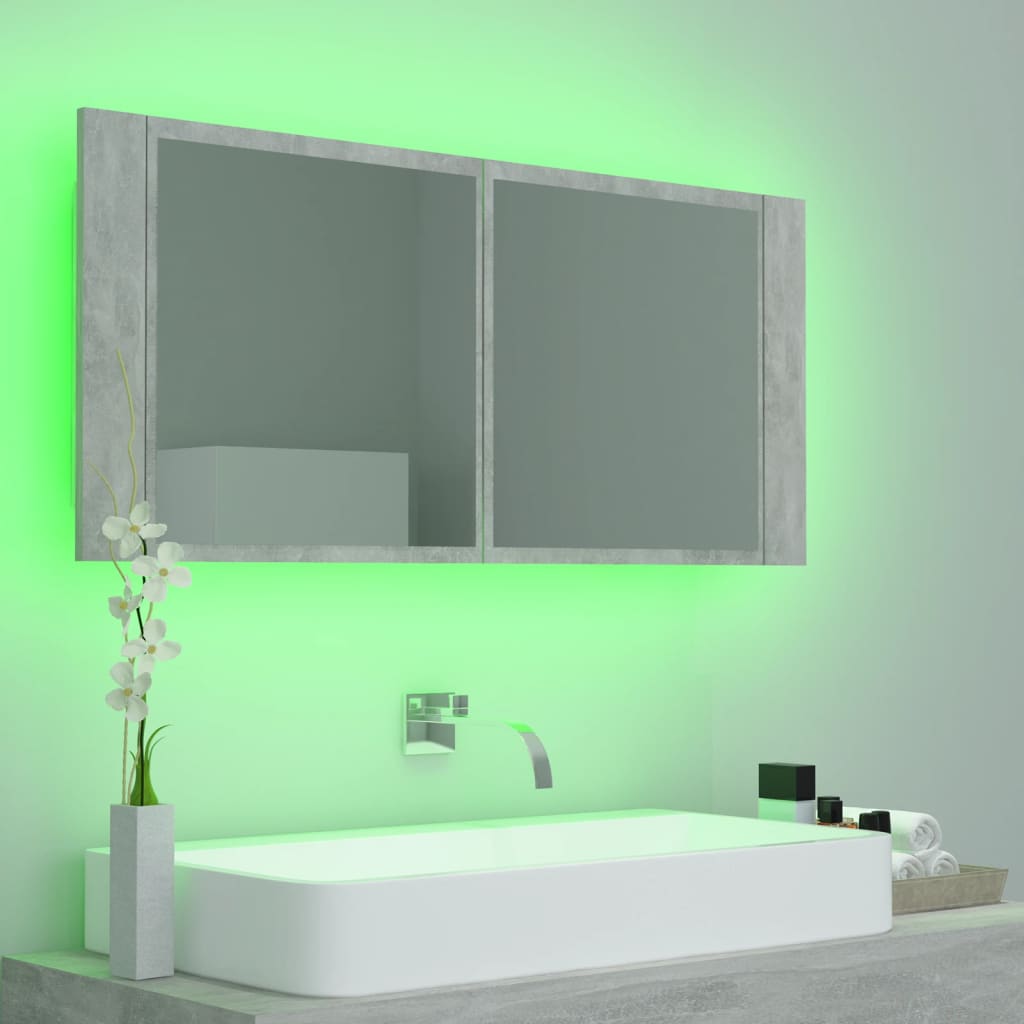 Dulap de baie cu oglindă & LED, gri beton, 100x12x45 cm acril - Lando