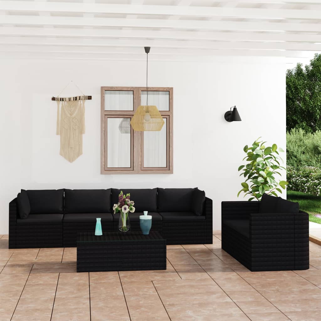 Set mobilier de grădină cu perne, 7 piese, negru, poliratan - Lando
