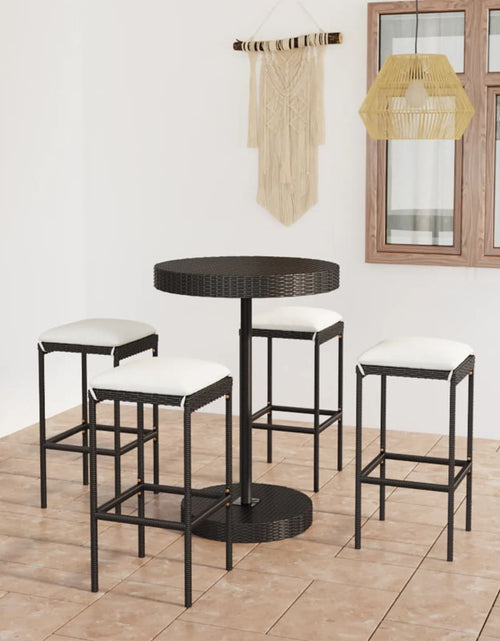 Încărcați imaginea în vizualizatorul Galerie, Set mobilier bar de grădină cu perne, 5 piese, negru, poliratan - Lando
