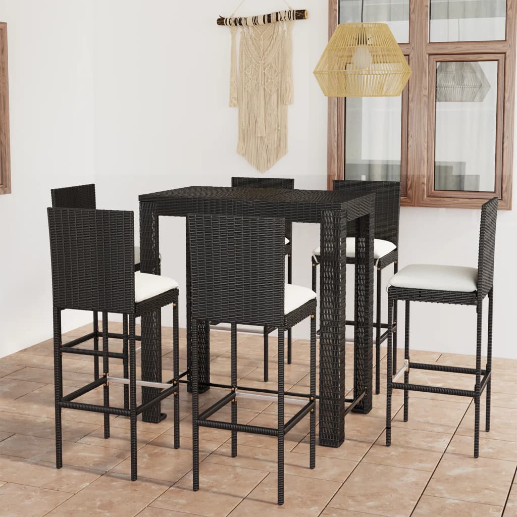 Set mobilier bar de exterior cu perne, 7 piese, negru poliratan - Lando